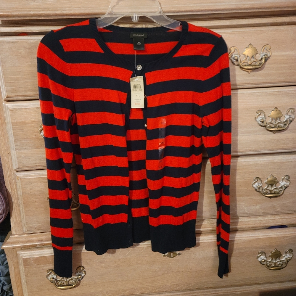 Ann Taylor Orange & Navy Striped Cardigan Sweater Size XS